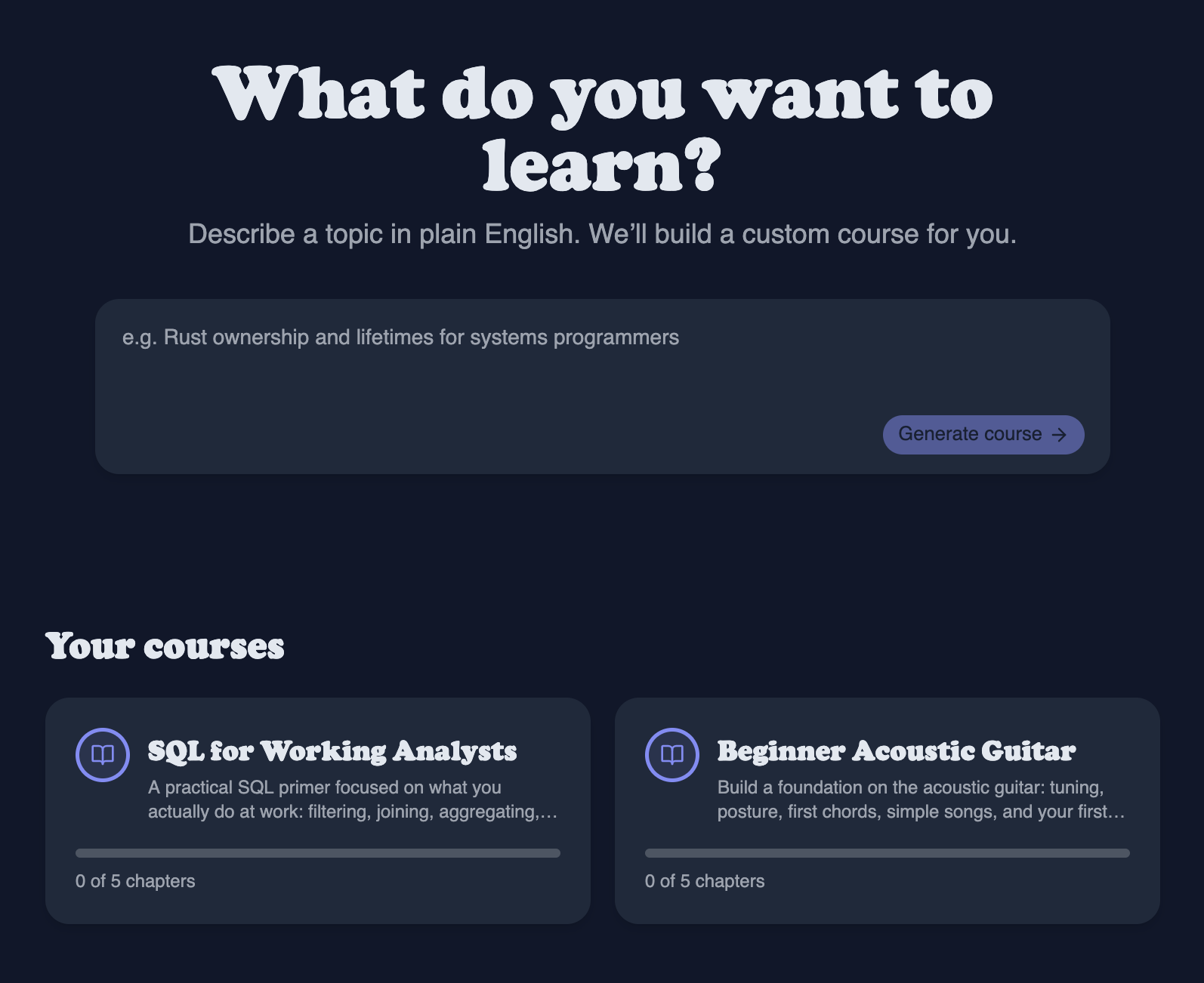 Plano app — describe a topic and we'll build a custom course